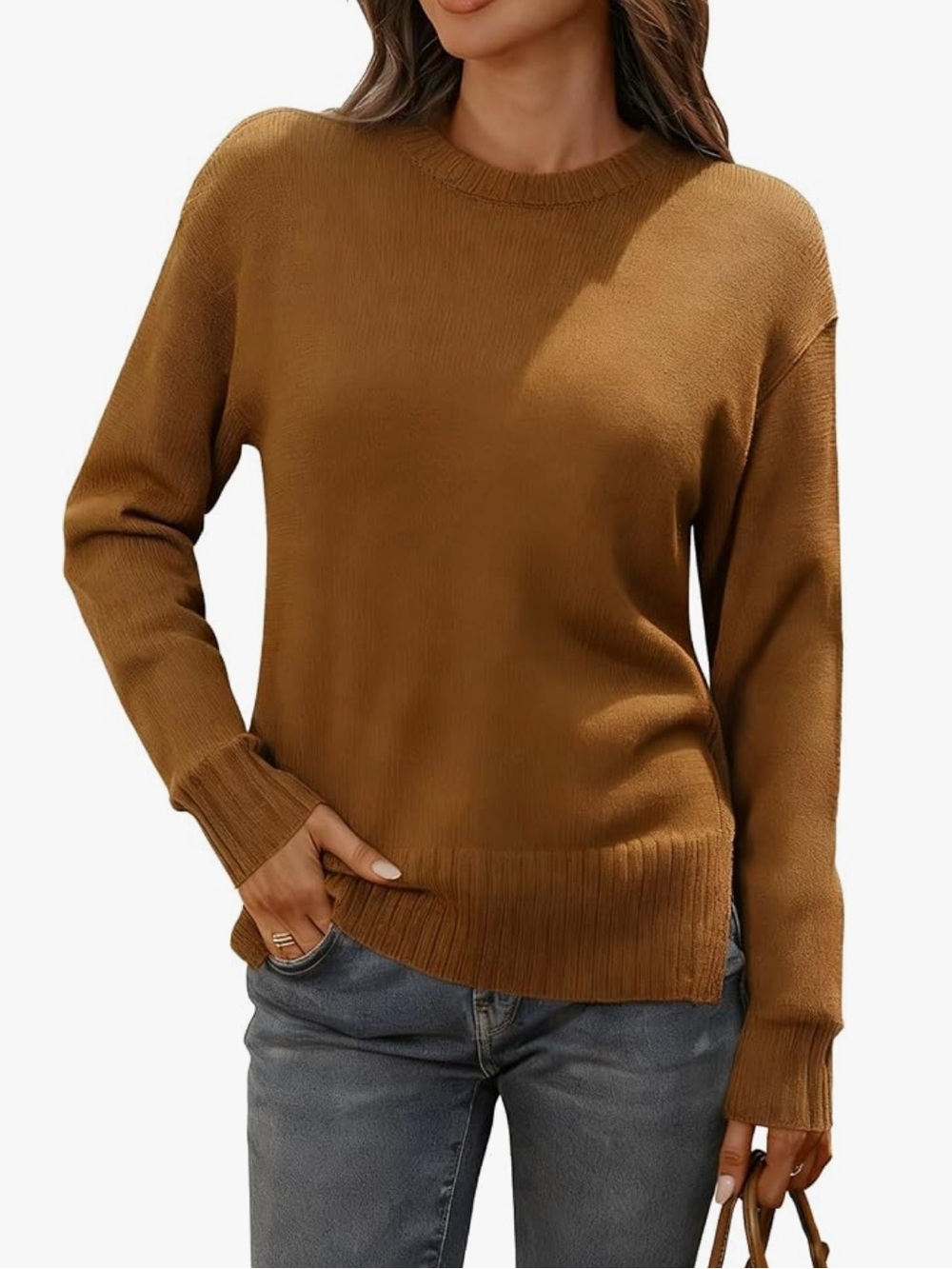 Women's Crewneck Knit Merino Wool Blend Sweater Crew Neck Side Slit Pullover